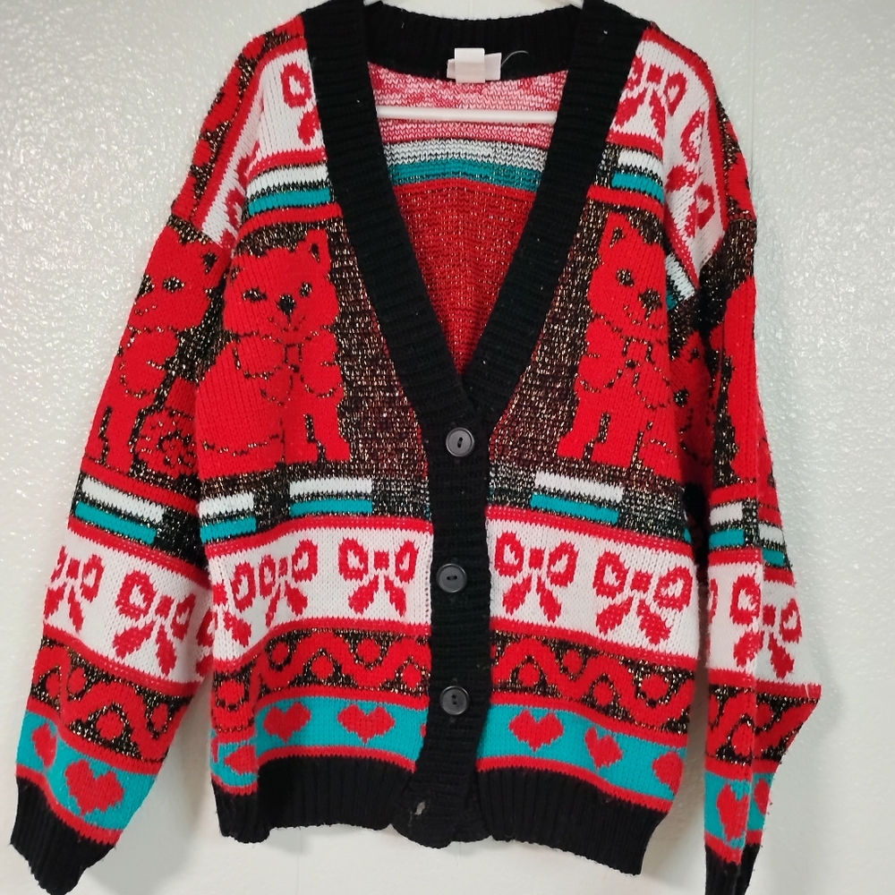 Vintage girls size 7 USA made cat sweater granny Nostalgia 80s y2k Holiday